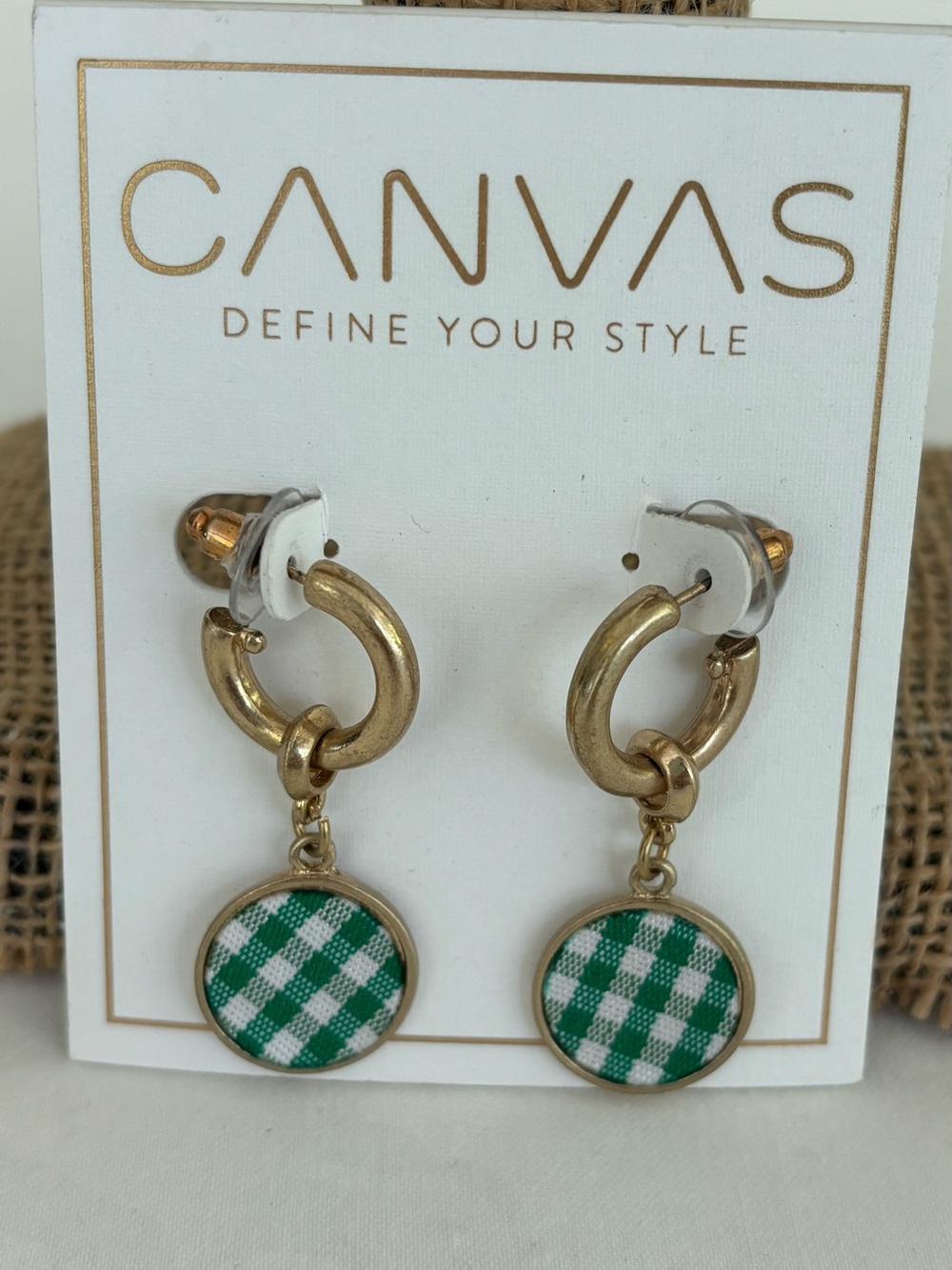 NWT gold hoop dangle ,Green and White Gingham Drop Hoop, green gingham plaid